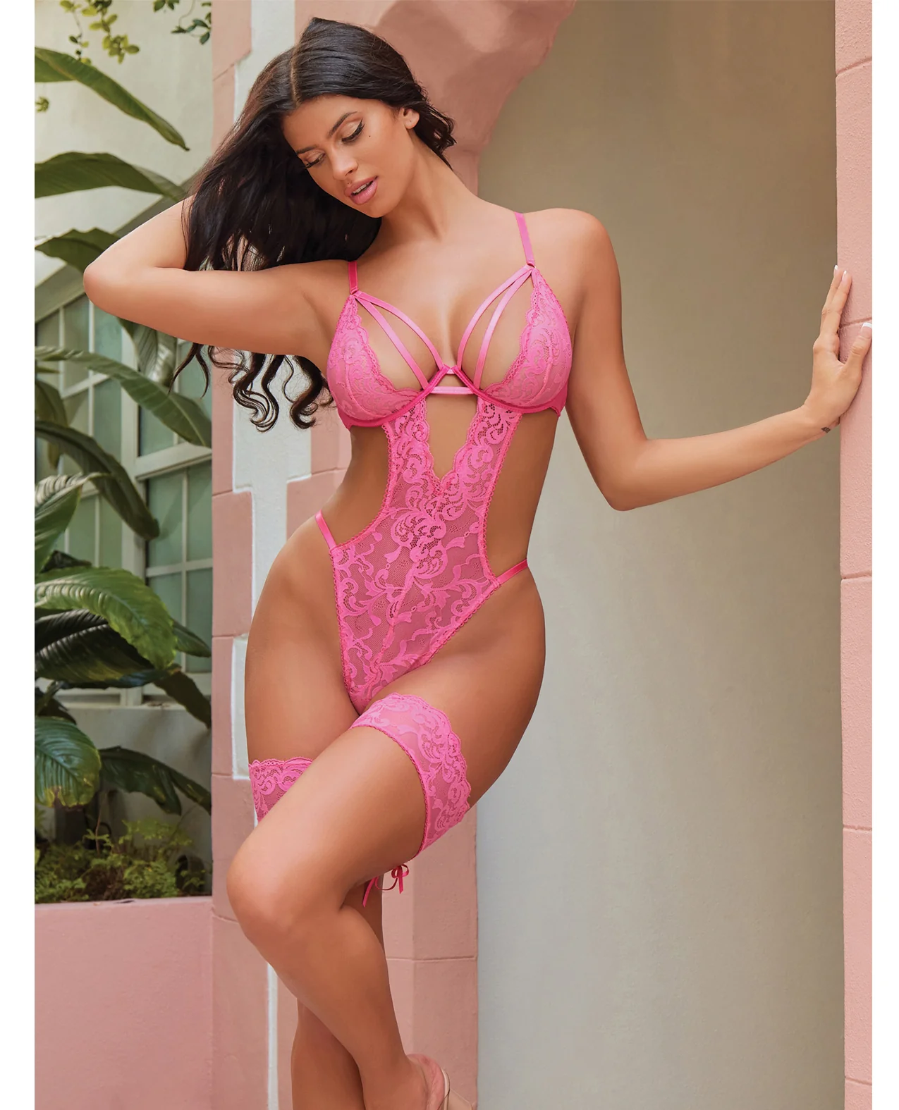 Genesis Lace Underwire Teddy w/Lace Garter Stays - Raspberry L/XL - Image 4
