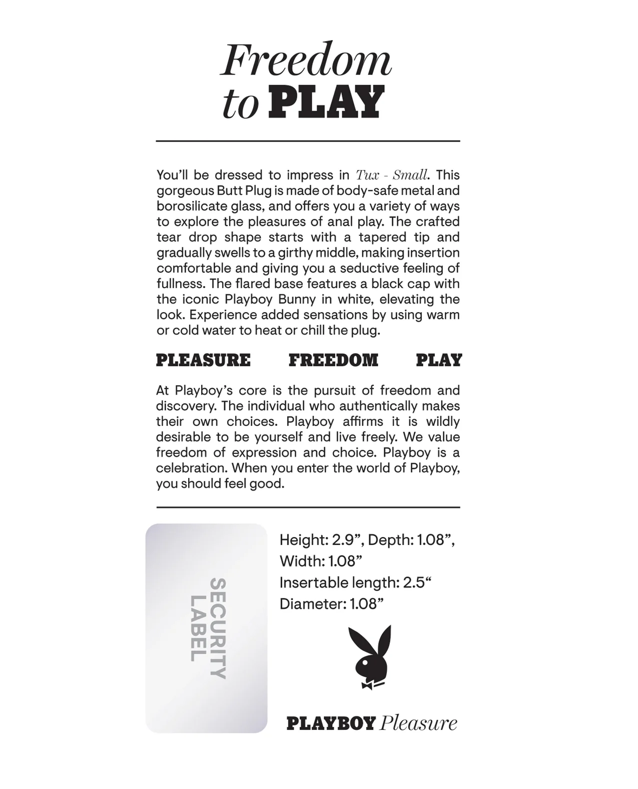 Playboy Pleasure Tux Butt Plug - Small - Image 2