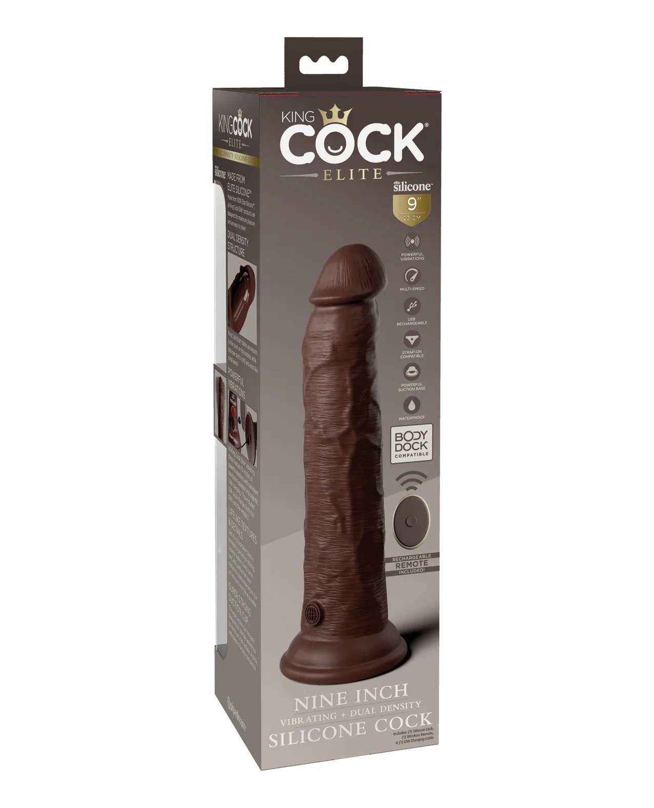 King Cock Elite 9" Dual Density Vibrating Silicone Cock w/Remote - Brown - Image 2