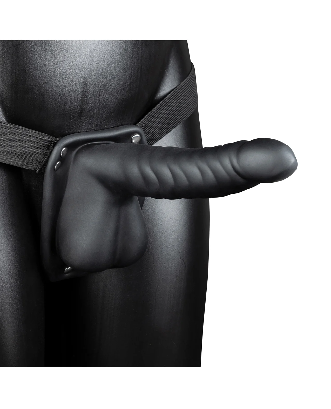 Shots Ouch 8" Ribbed Hollow Strap On w/Balls - Black - Image 2