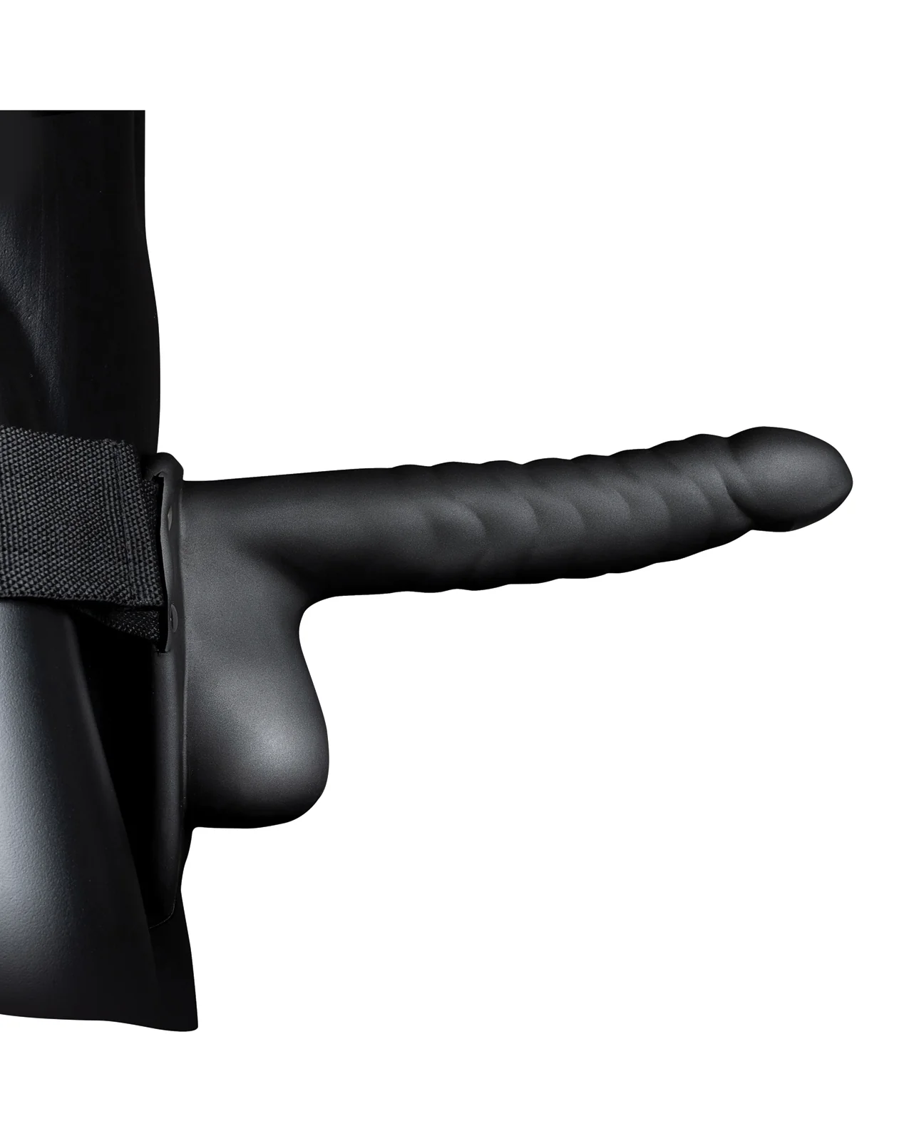 Shots Ouch 8" Ribbed Hollow Strap On w/Balls - Black - Image 4