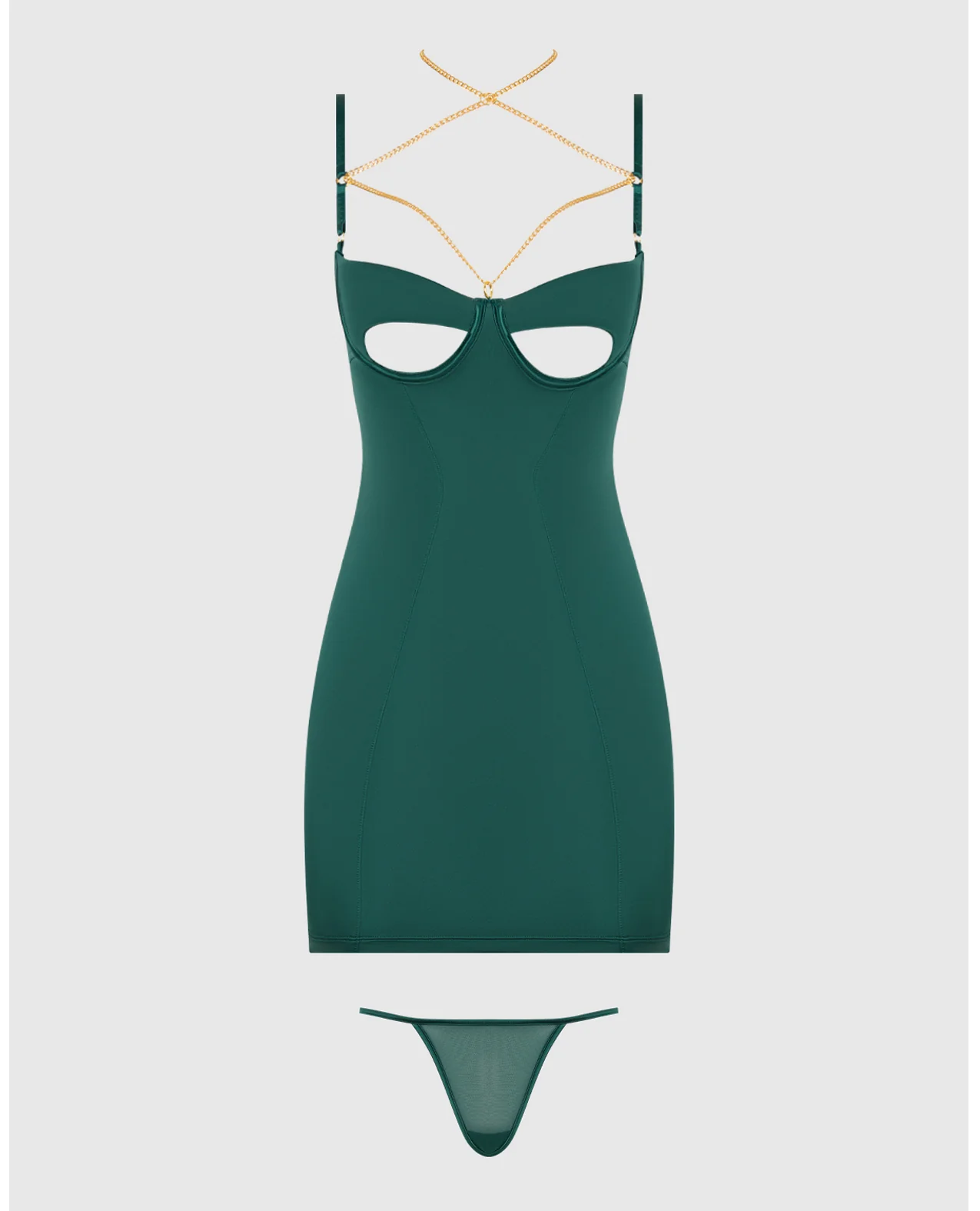 Evangeline Satin & Chain Open Cup & Back Chemise & G-String Set - Green XL - Image 5