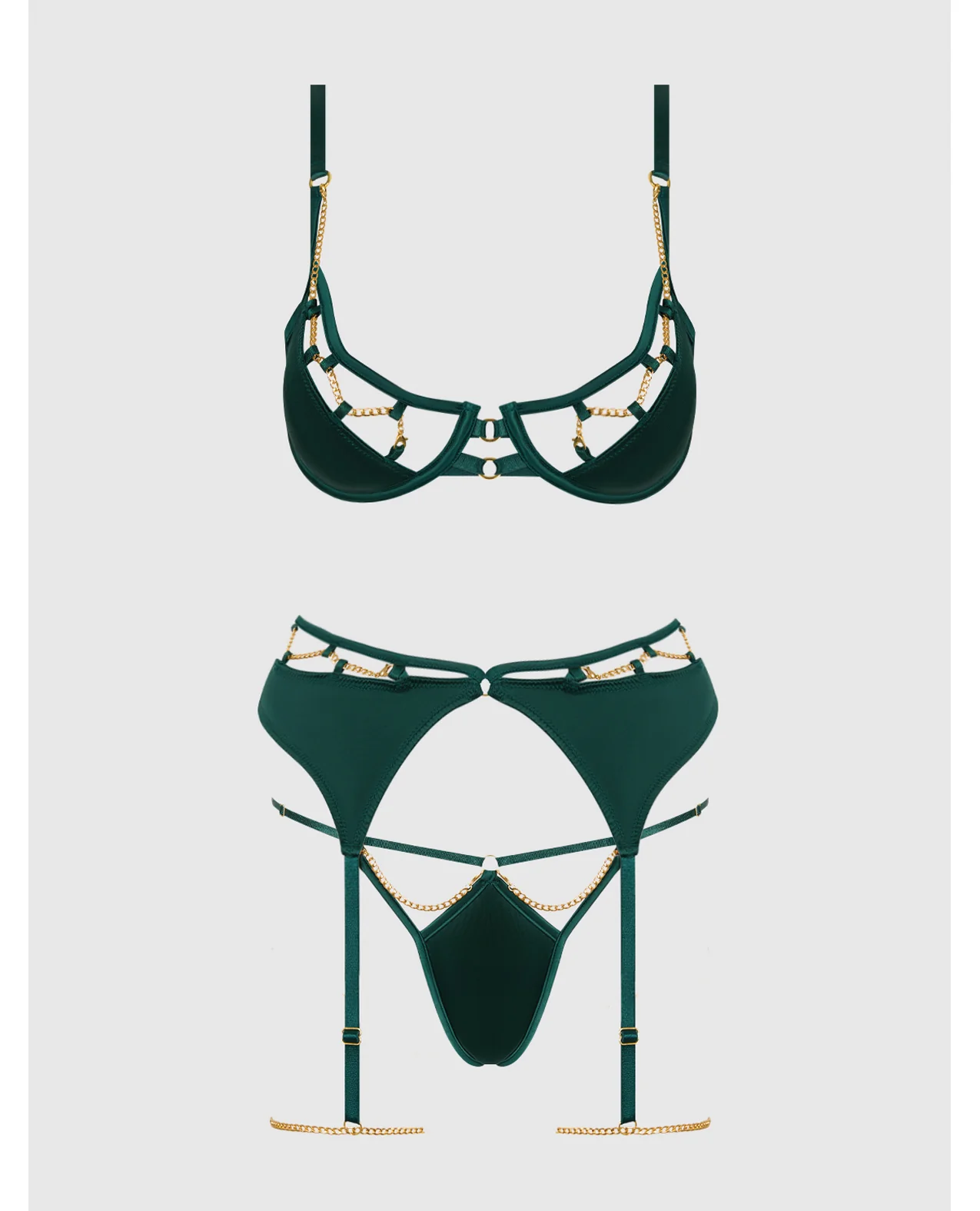 Evangeline Satin & Chain Push Up Bra, Thigh Garter Belt & G-String Set - Green SM - Image 5