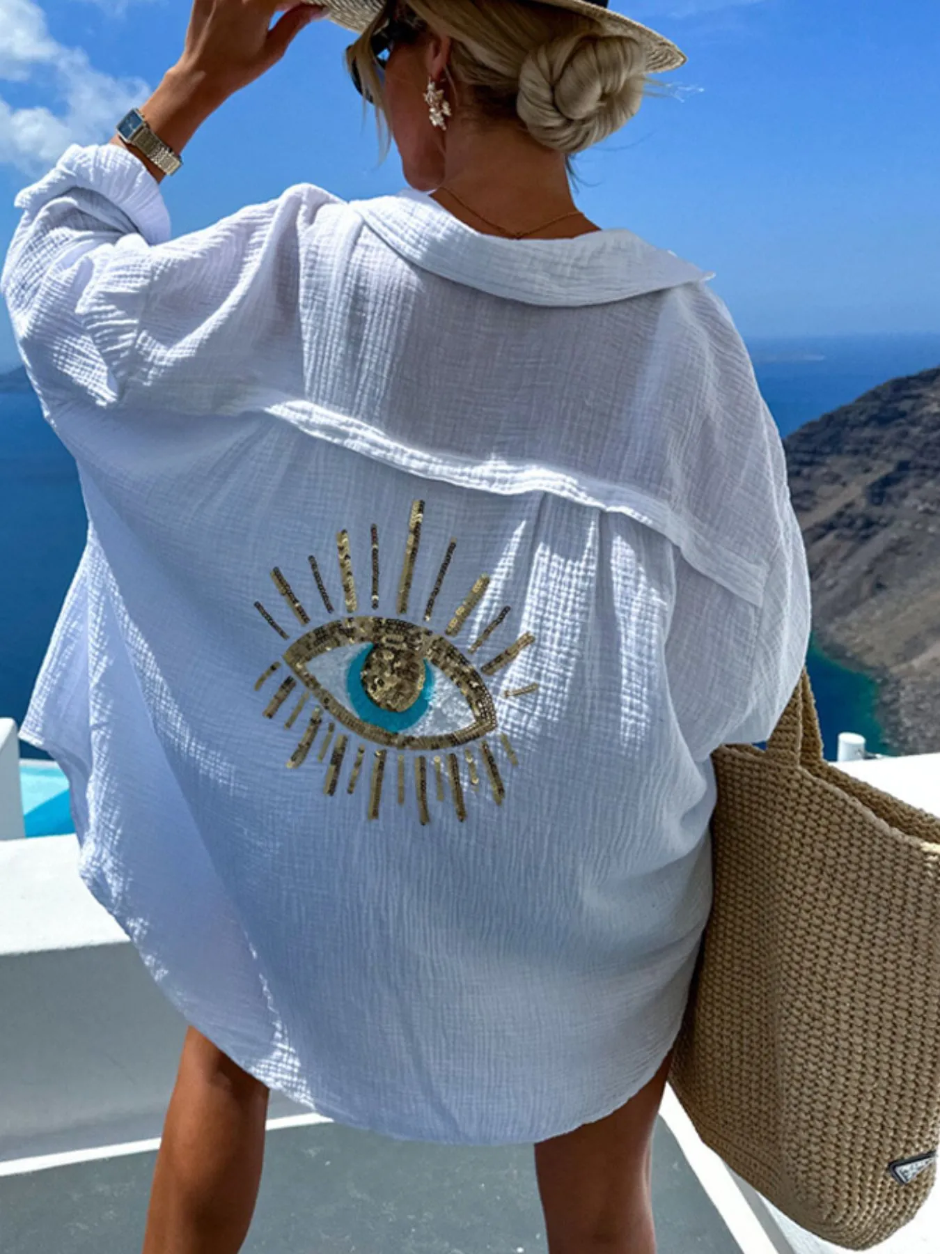 Evil Eye Embroidered Oversized Shirt - Image 4