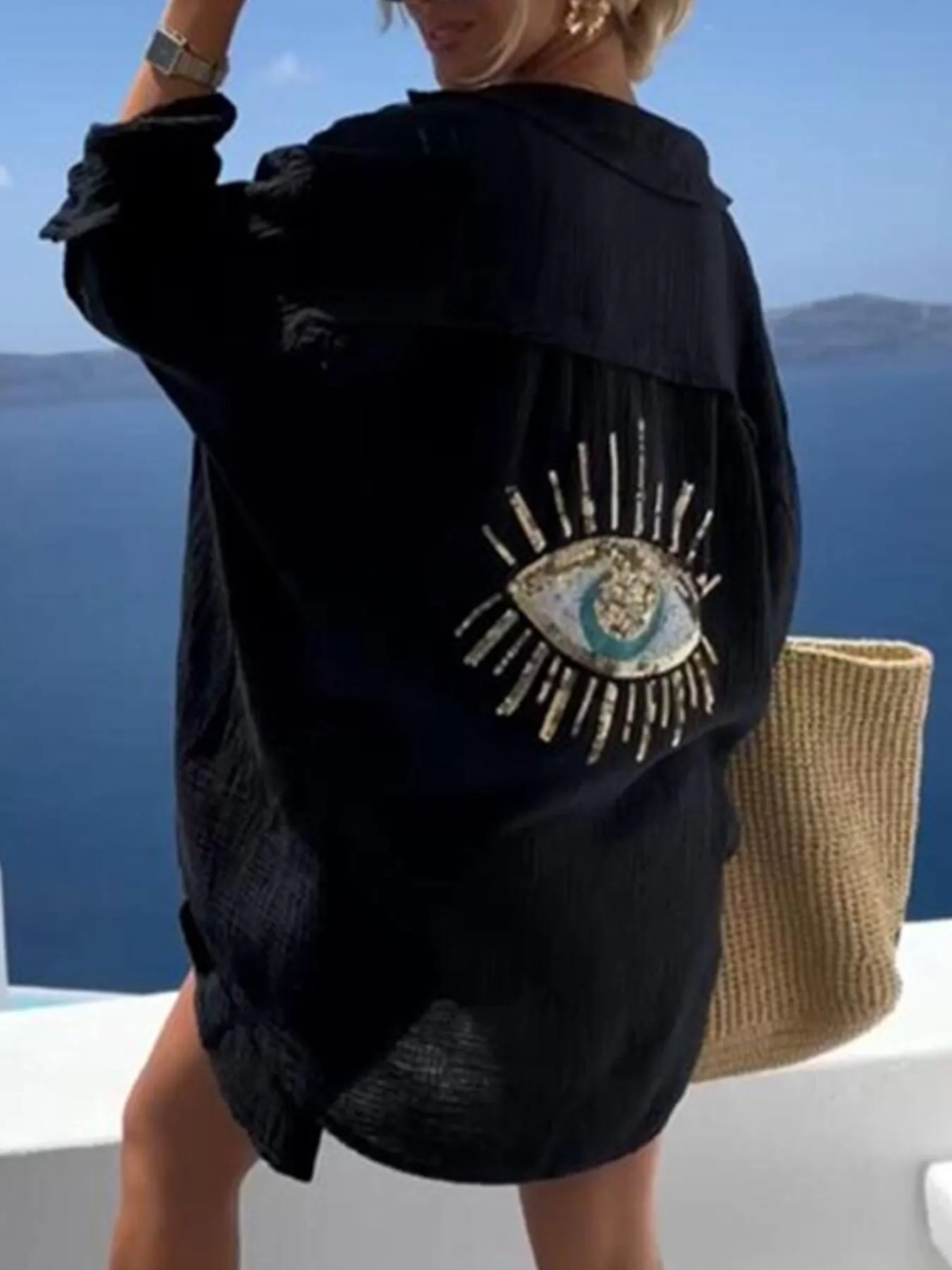 Evil Eye Embroidered Oversized Shirt - Image 7