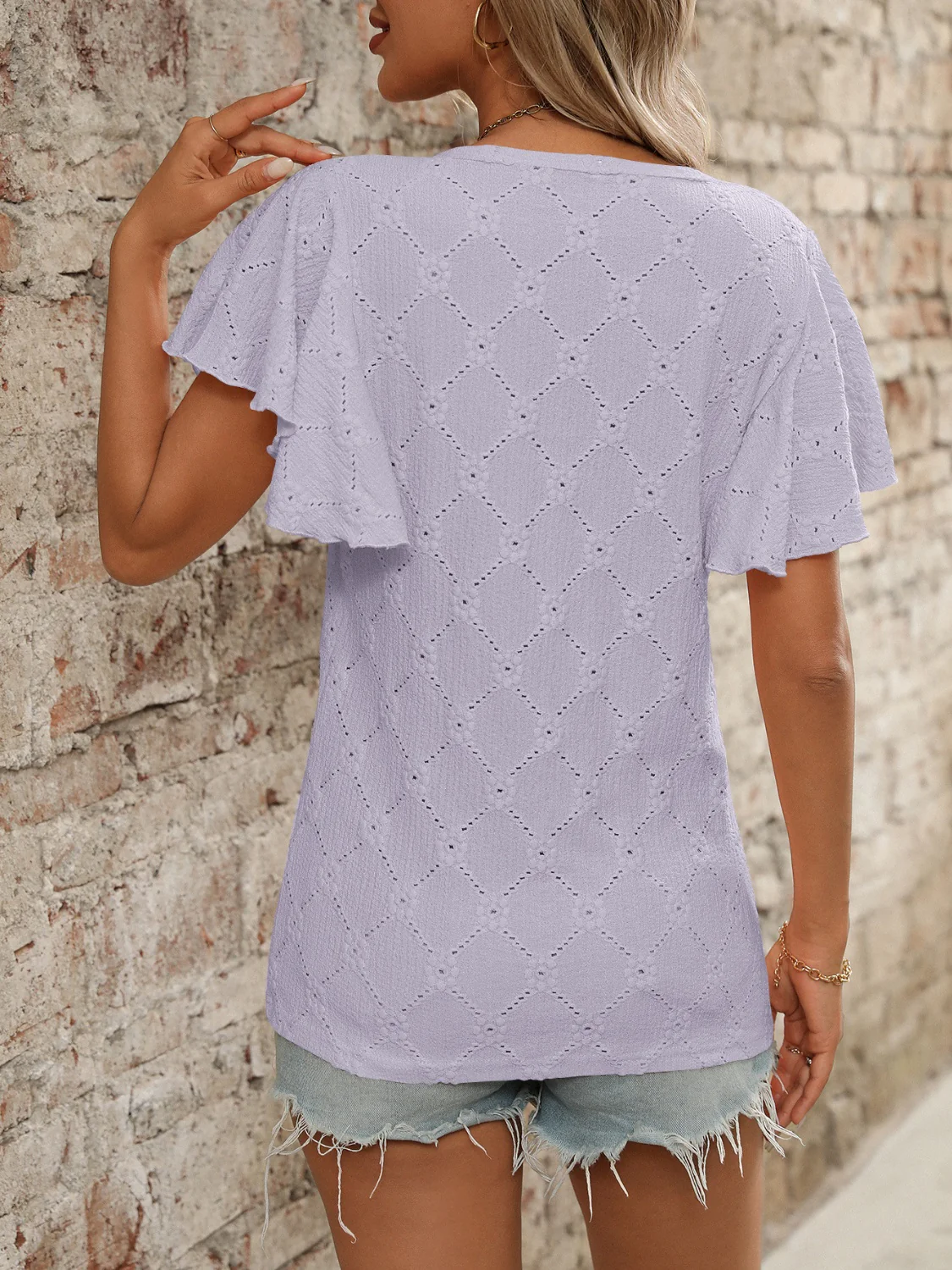 Eyelet Round Neck Flutter Sleeve Top - Image 10