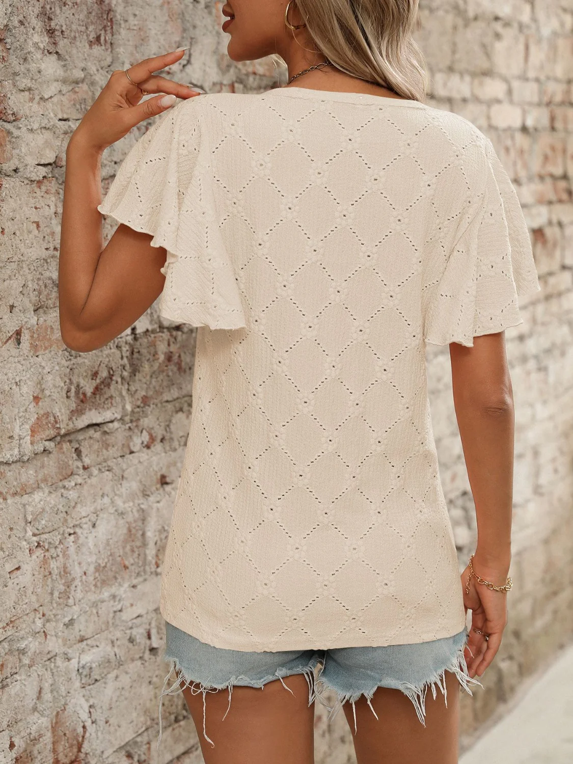 Eyelet Round Neck Flutter Sleeve Top - Image 19