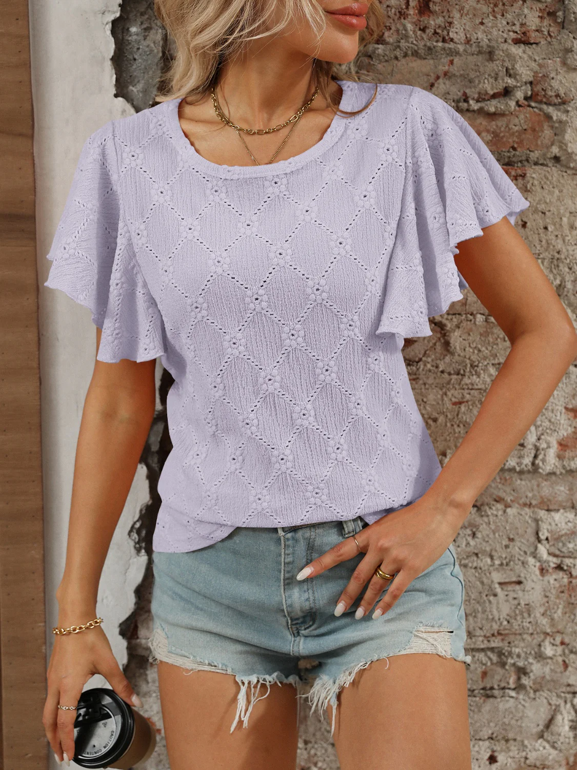 Eyelet Round Neck Flutter Sleeve Top - Image 6