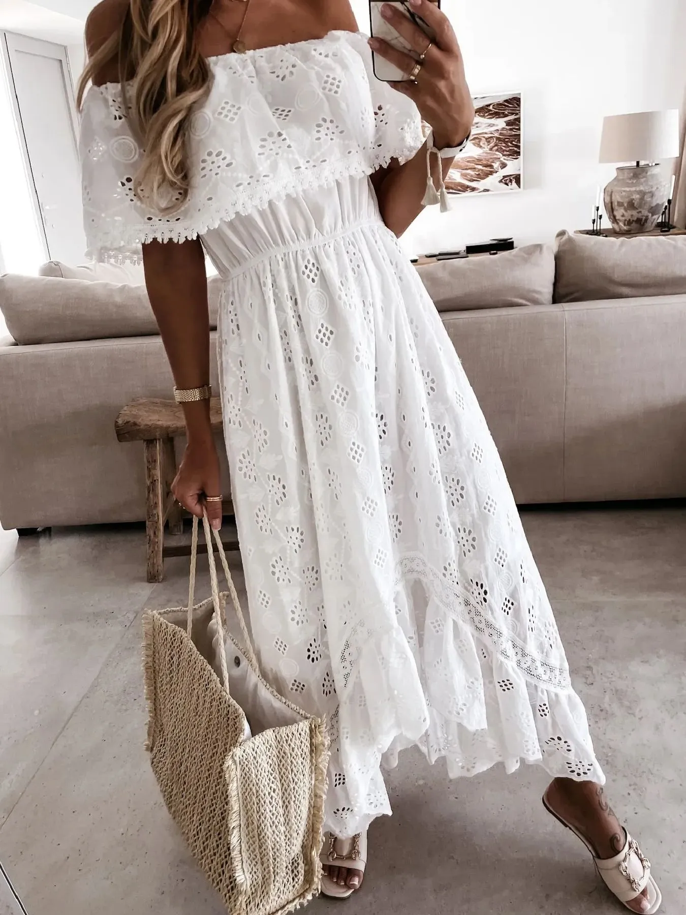 Eyelet Ruffled Hem Off-Shoulder Dress - Image 3