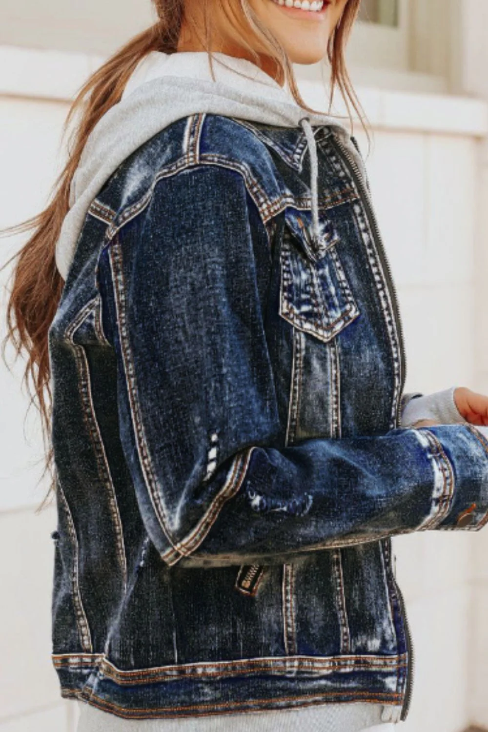 Fake Two-Piece Hooded Zip-Up Denim Jacket - Image 4
