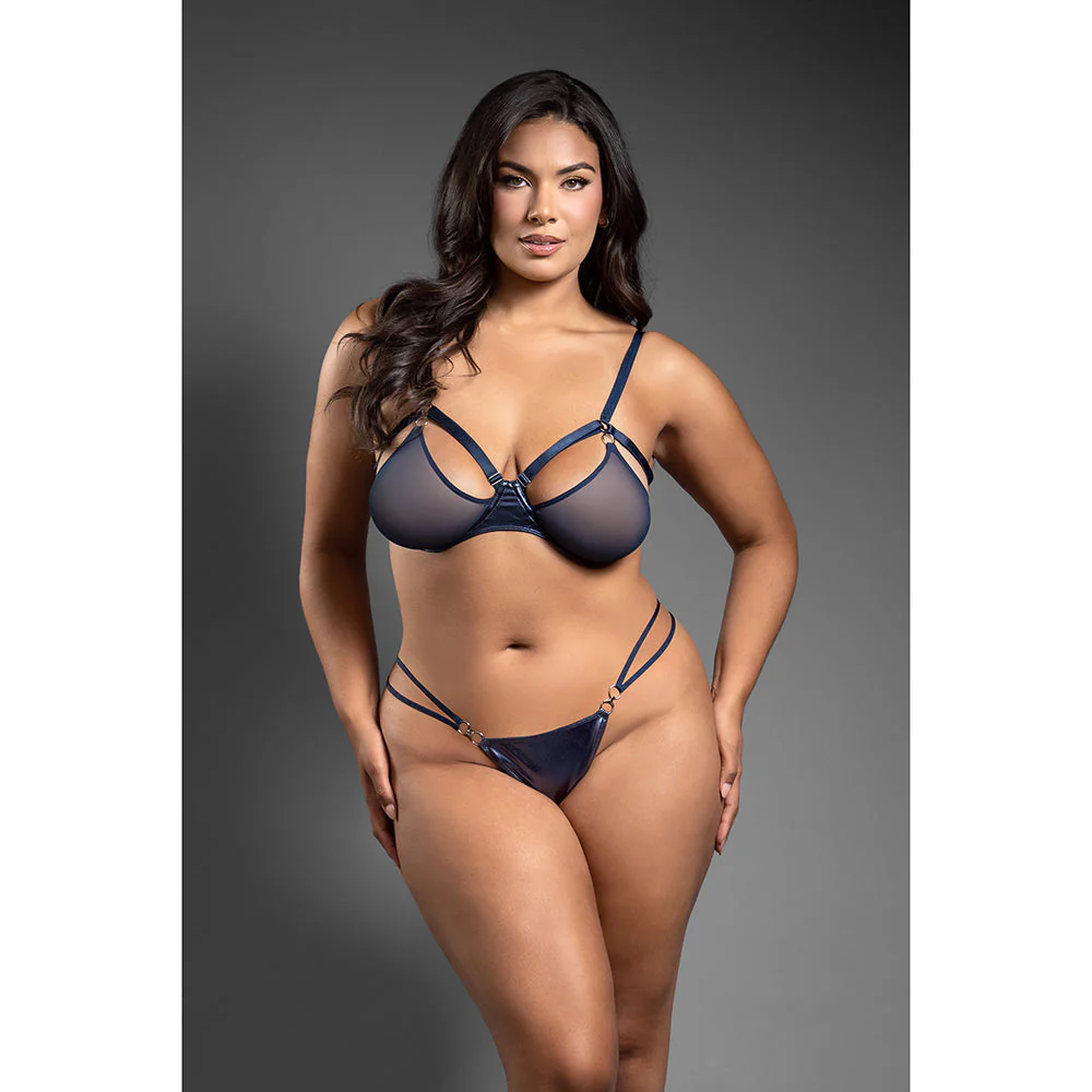 Fantasy Lingerie Domina Metallic Cage Bra with Openable Mesh Cups & Crotchless Panty Queen Size - Image 2