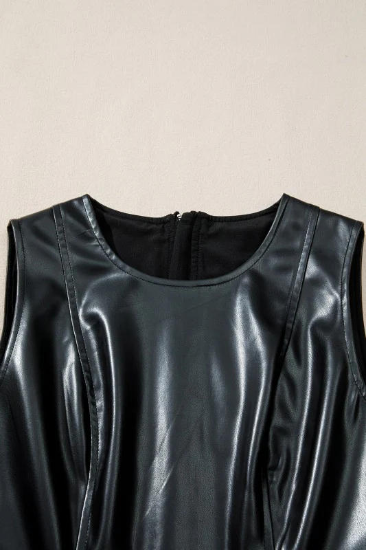 Faux Leather Ruffle Hem Sleeveless Mini Dress - Image 3