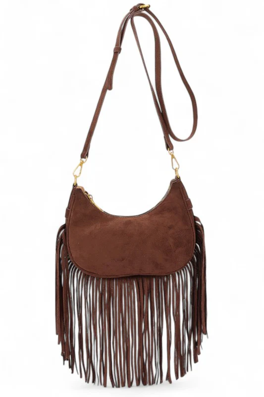 Faux Suede Fringe Boho Crossbody Bag - Image 4