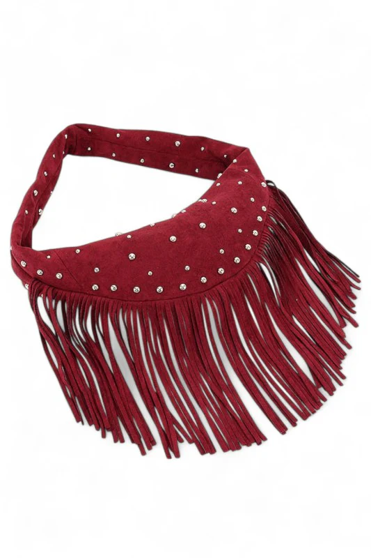 Faux Suede Fringe Boho Studded Hobo Bag