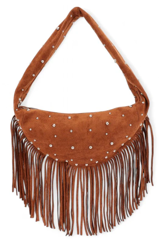 Faux Suede Fringe Boho Studded Hobo Bag - Image 2