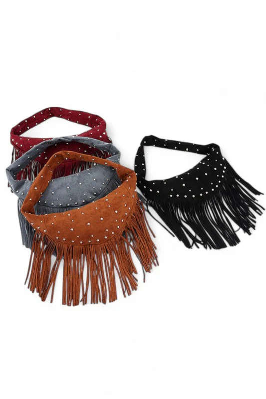 Faux Suede Fringe Boho Studded Hobo Bag - Image 8