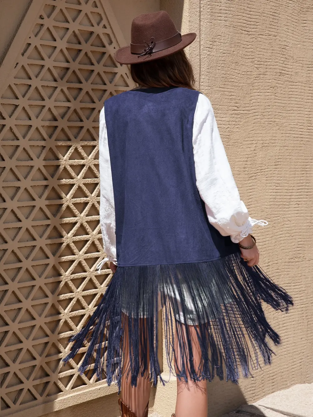 Faux Suede Fringe Hem Open Front Vest - Image 10