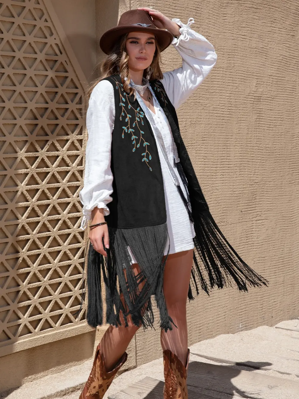 Faux Suede Fringe Hem Open Front Vest - Image 11