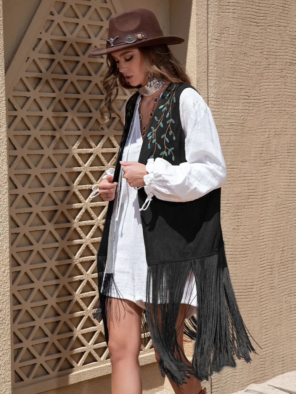 Faux Suede Fringe Hem Open Front Vest - Image 12