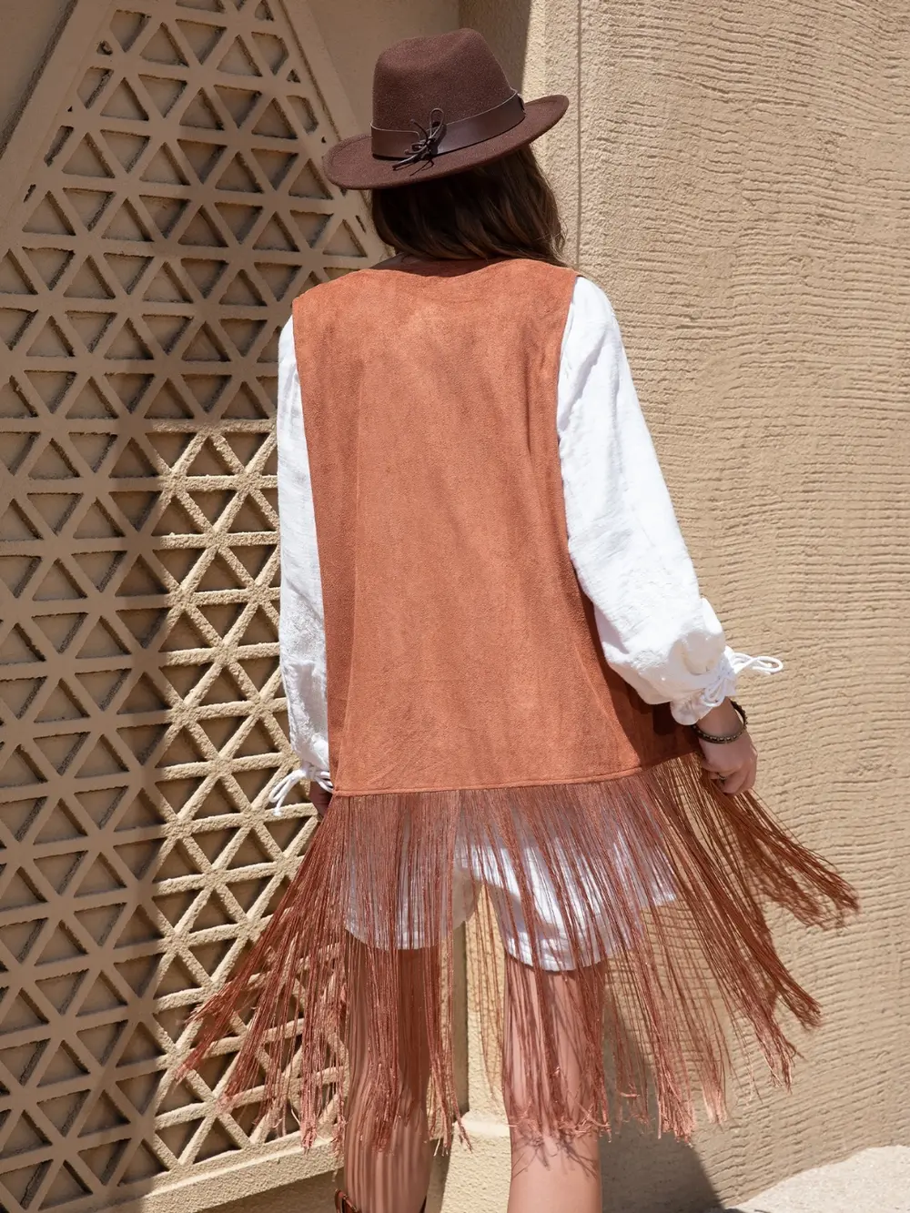 Faux Suede Fringe Hem Open Front Vest - Image 2