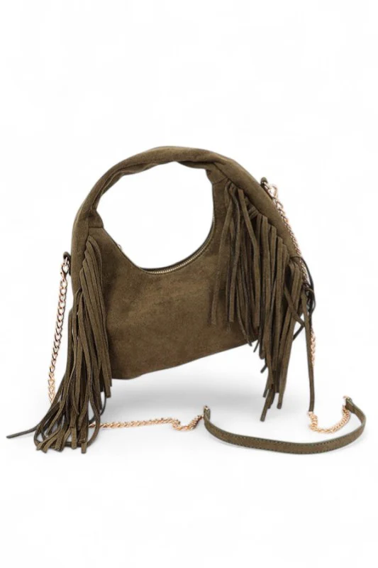 Faux Suede Top Handle Fringe Bag - Image 5