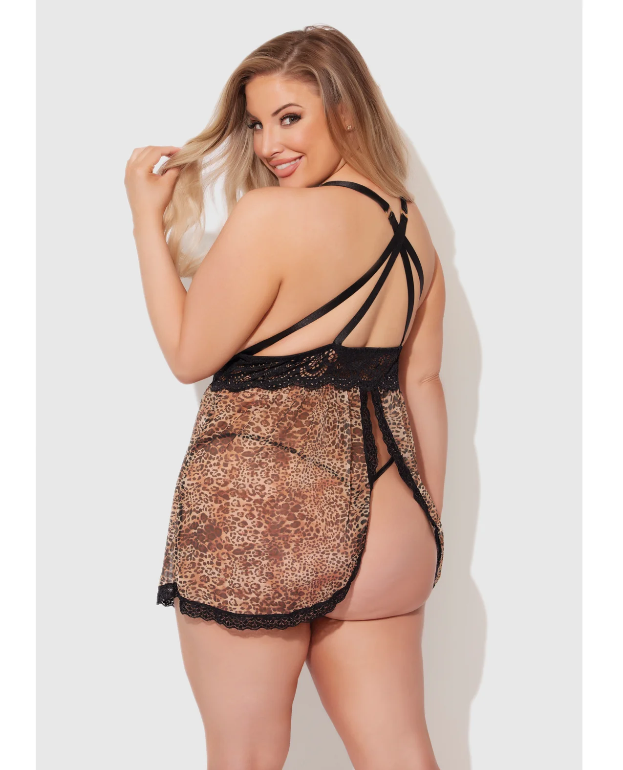 Felicia Mesh and Lace Babydoll w/G-String 2 pc Set - Leopard 1X/2X - Image 2