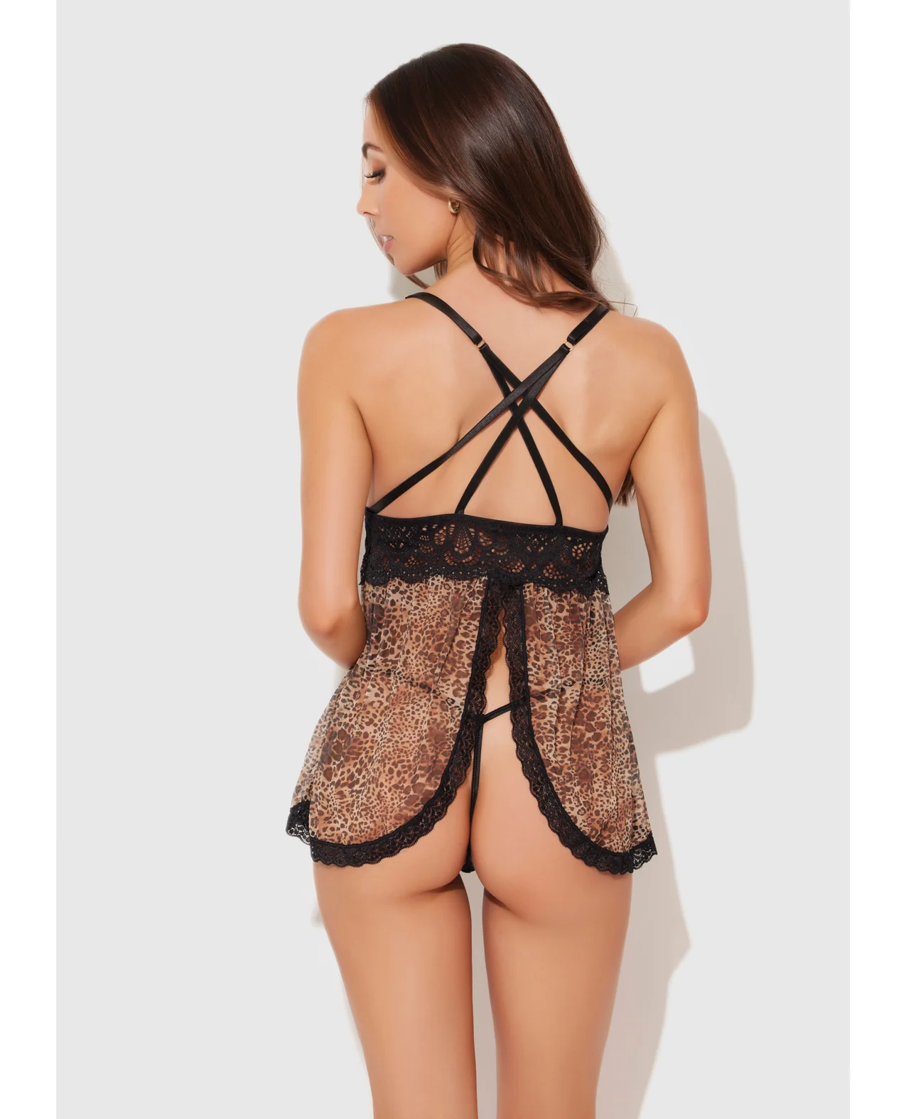 Felicia Mesh and Lace Babydoll w/G-String 2 pc Set - Leopard SM - Image 2