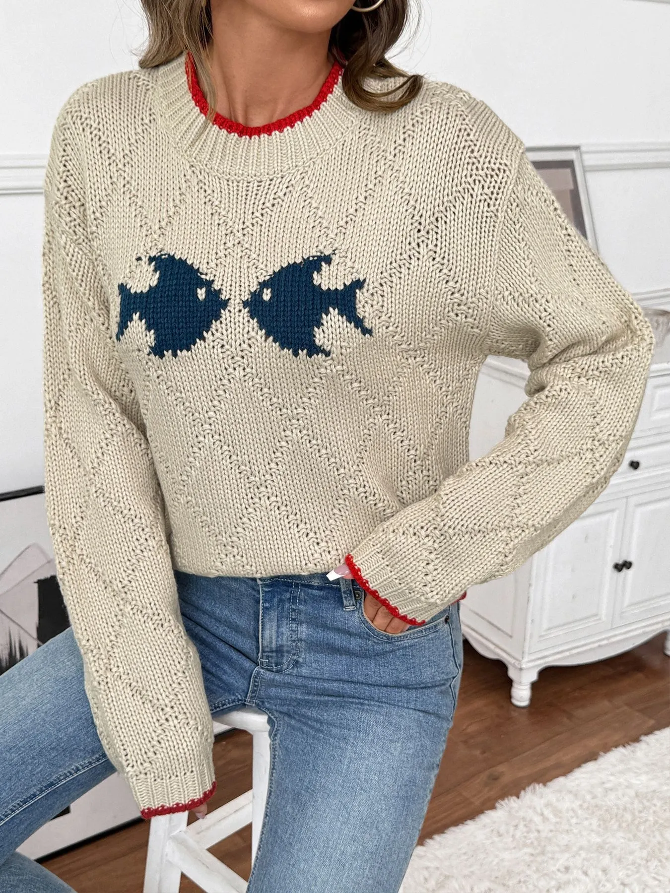 Fish Pattern Round Neck Sweater - Image 2