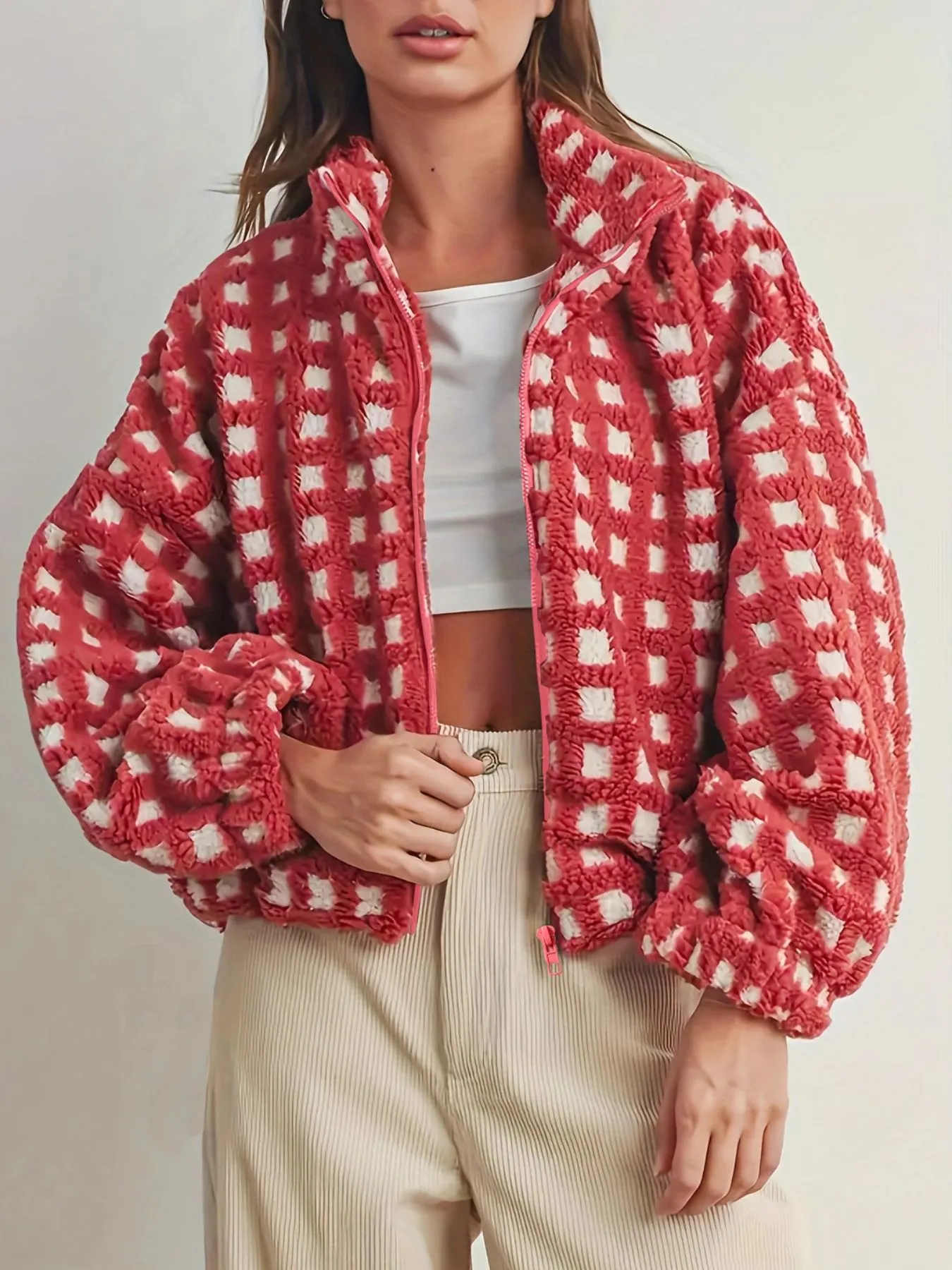 Fleece Checkered Puff Sleeve Bomber Jacket - Image 2