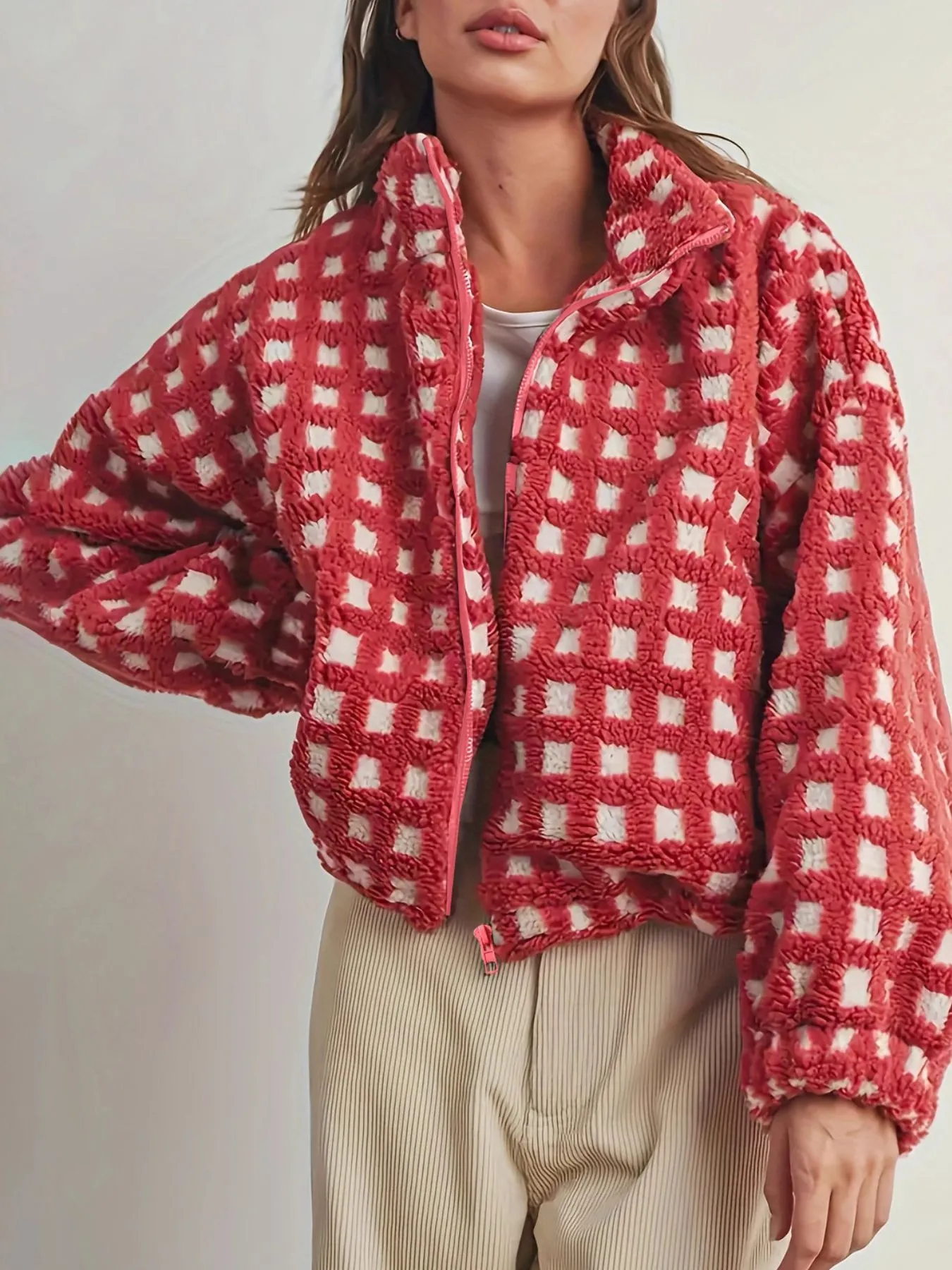 Fleece Checkered Puff Sleeve Bomber Jacket - Image 3