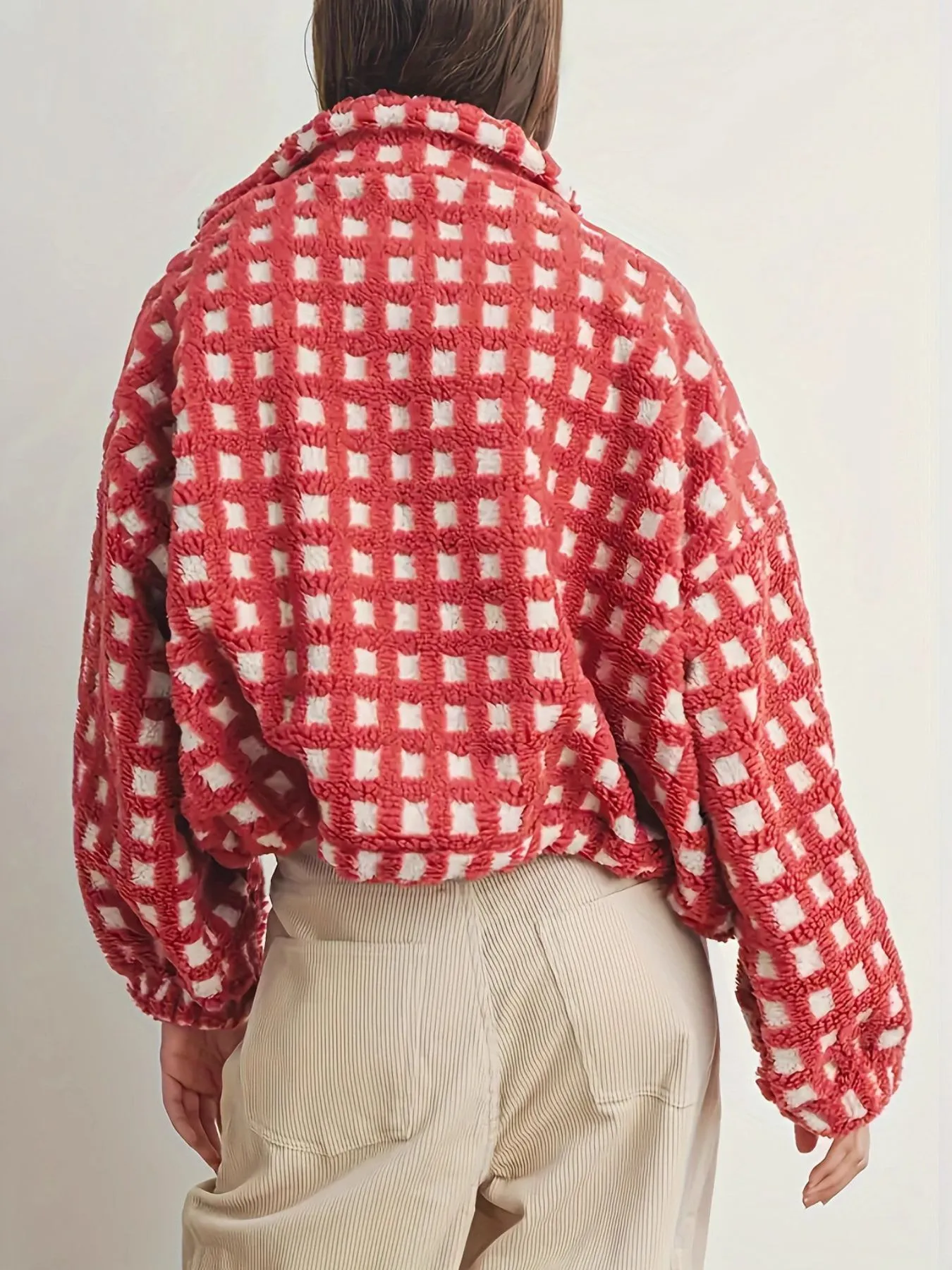 Fleece Checkered Puff Sleeve Bomber Jacket - Image 4