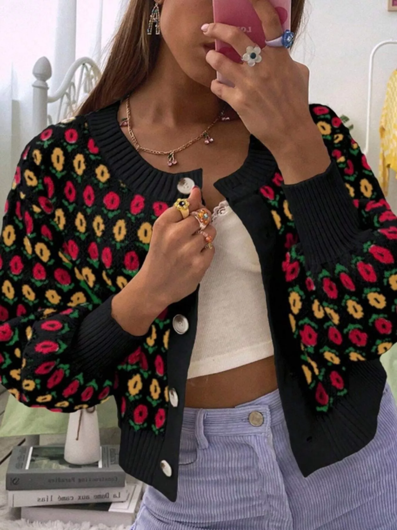 Floral Button Up Long Sleeve Cardigan - Image 7