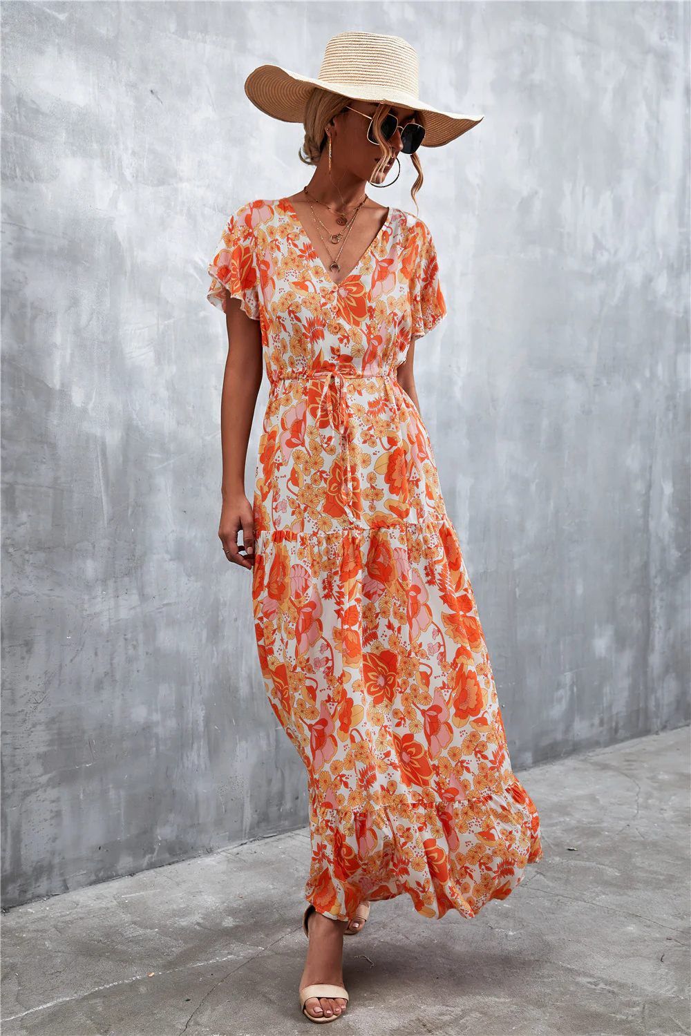 Floral Buttoned Drawstring Waist Tiered Dress - Image 10