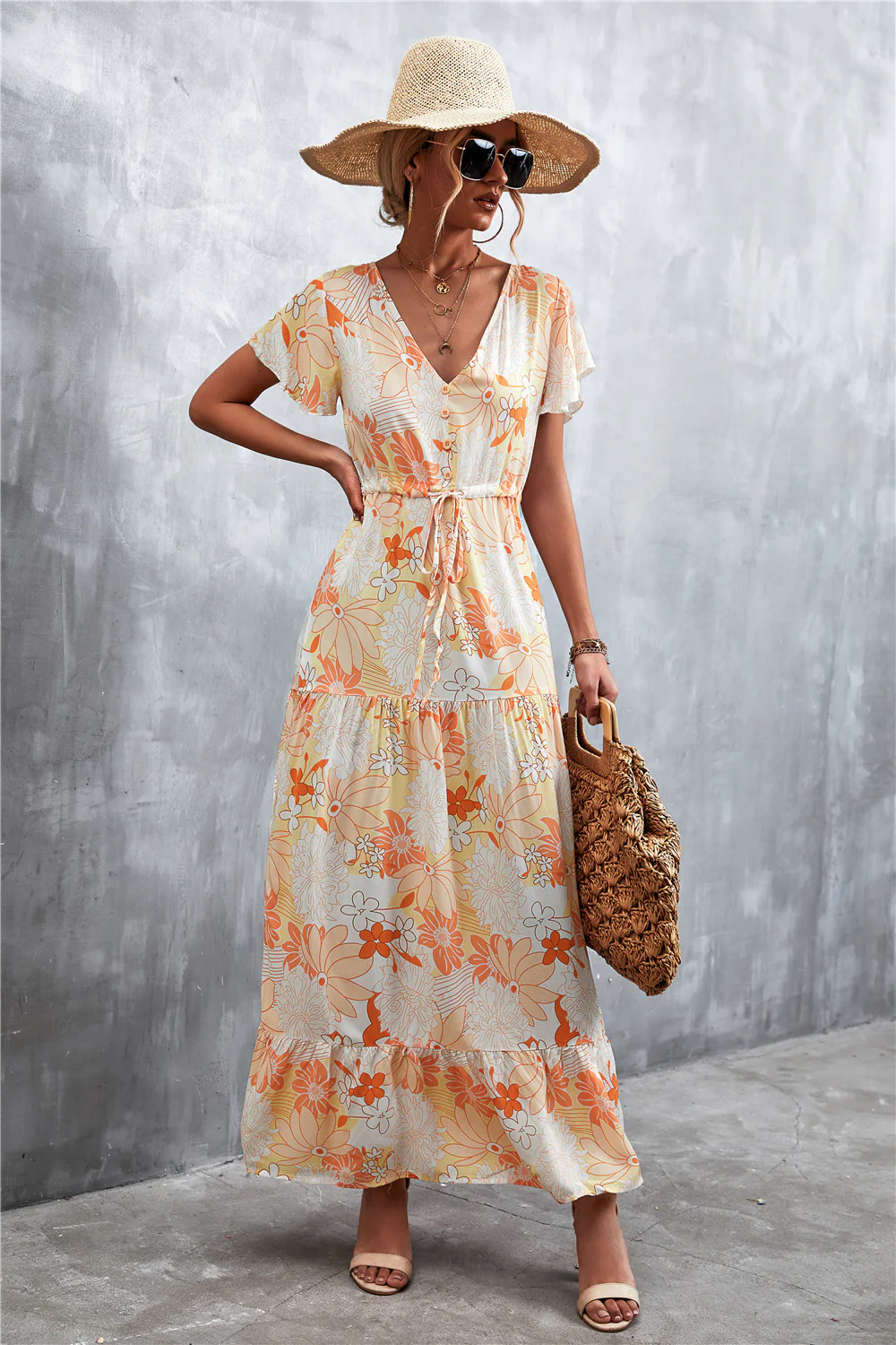Floral Buttoned Drawstring Waist Tiered Dress - Image 15
