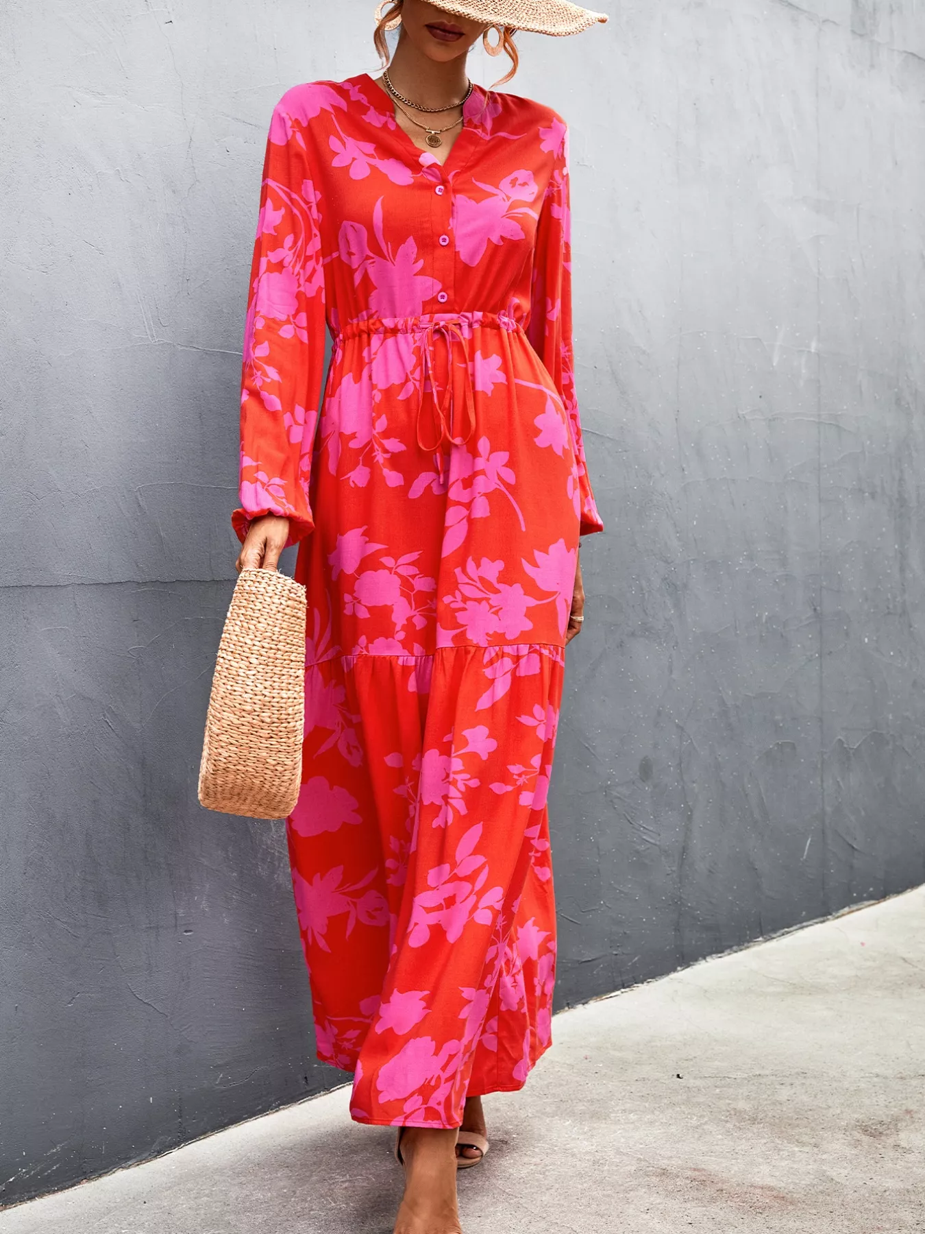 Floral Drawstring Waist Long Sleeve Maxi Dress - Image 6