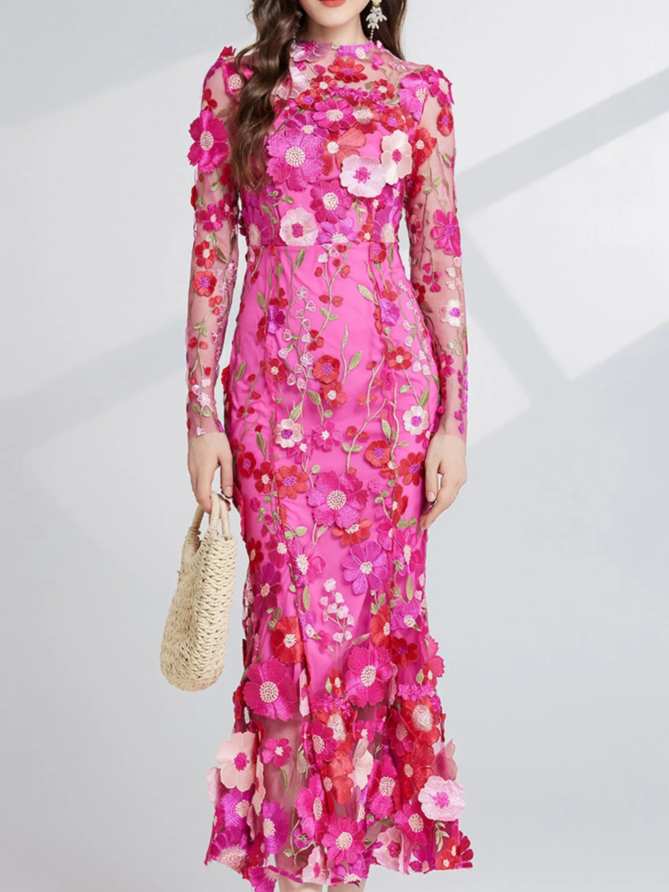 Floral Embroidered Mesh Long Sleeve Midi Dress - Image 15