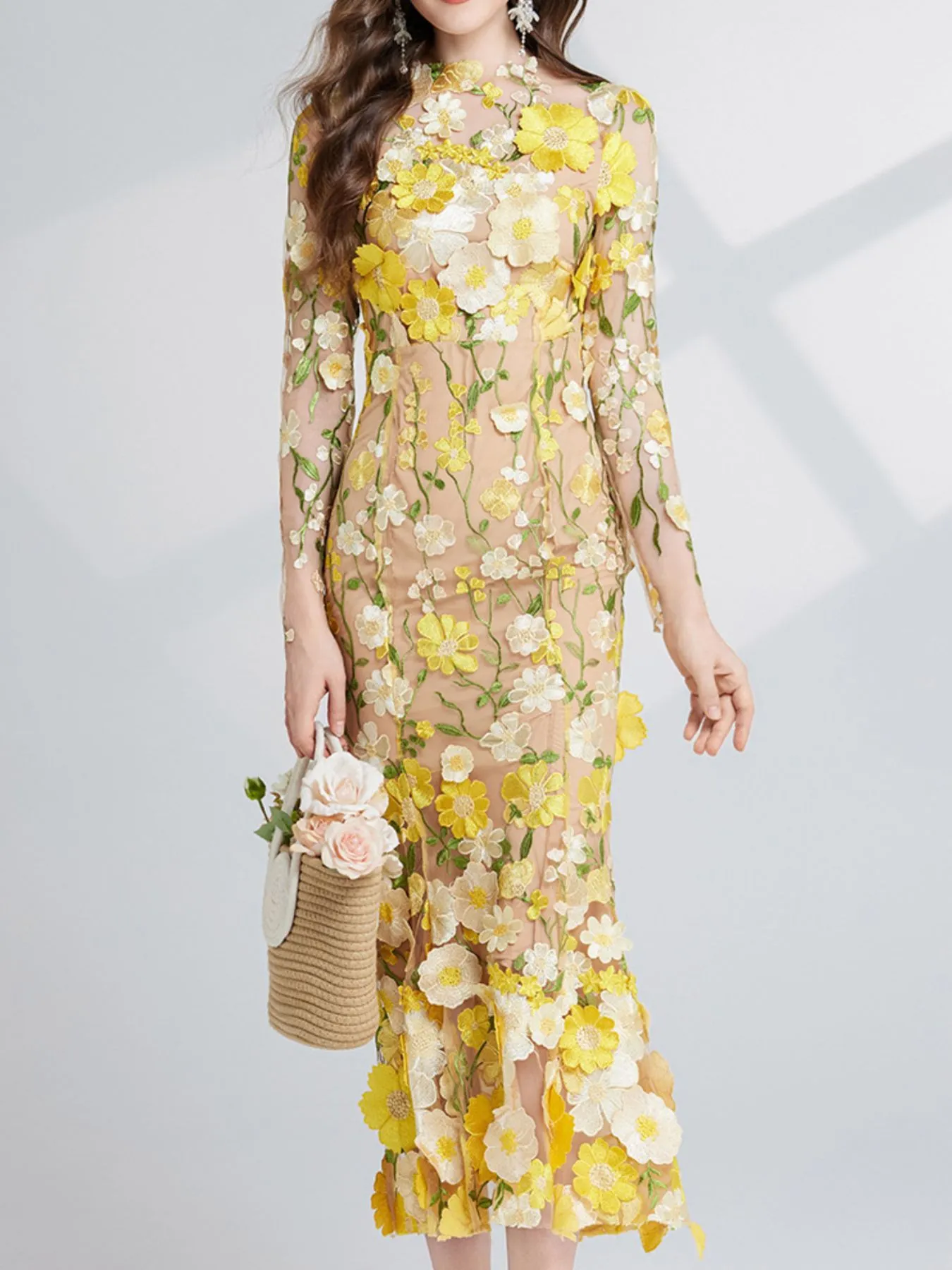 Floral Embroidered Mesh Long Sleeve Midi Dress - Image 22