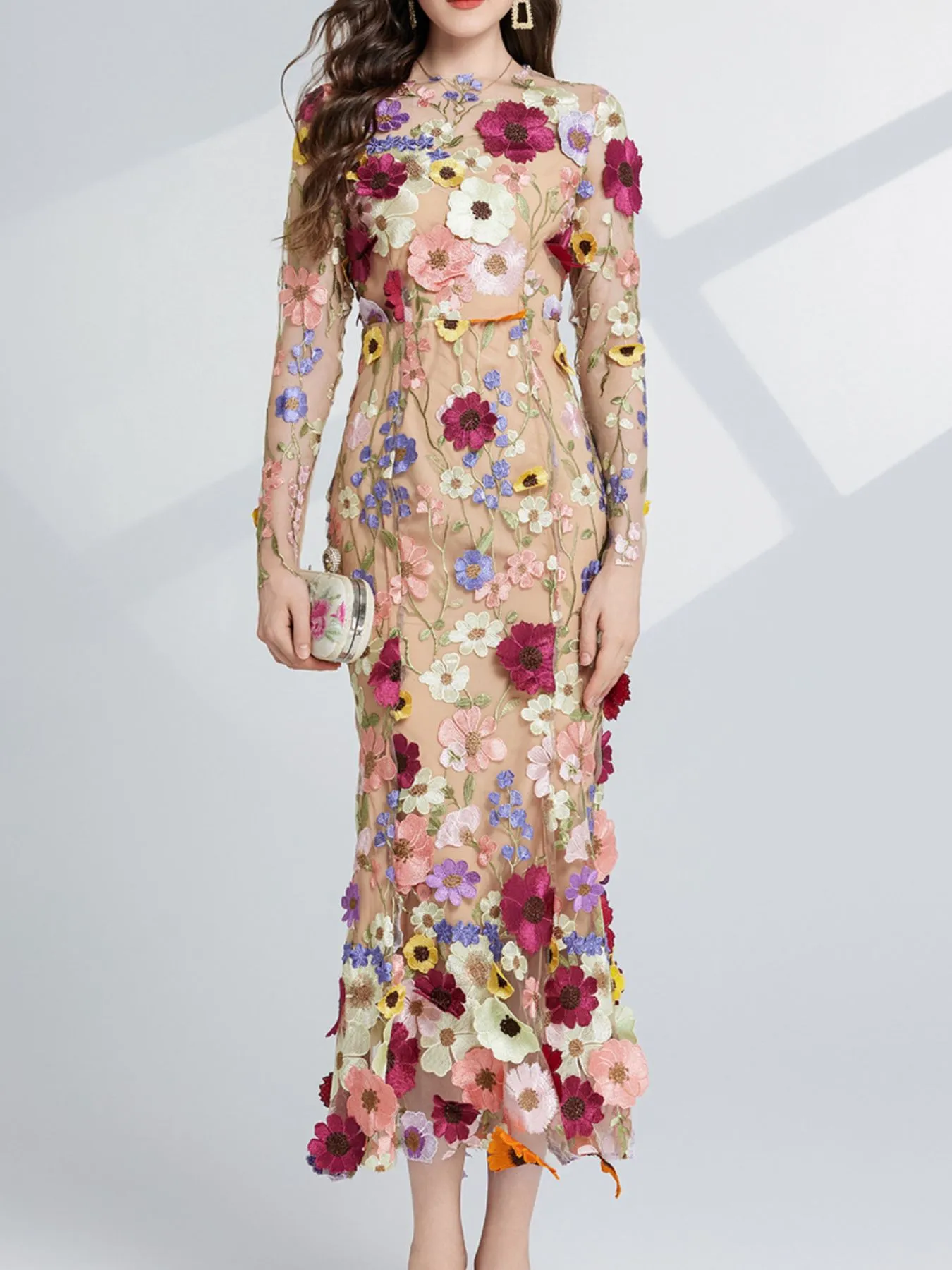 Floral Embroidered Mesh Long Sleeve Midi Dress - Image 4