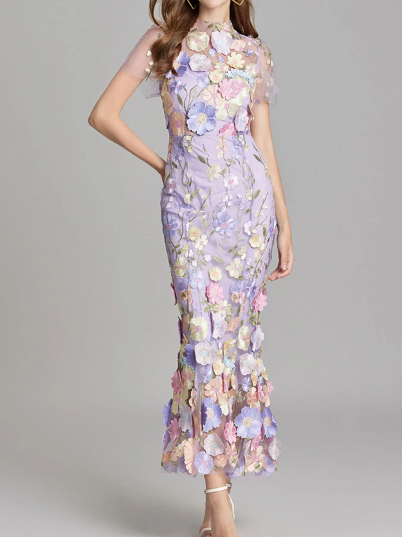Floral Embroidered Mesh Overlay Maxi Dress - Image 3