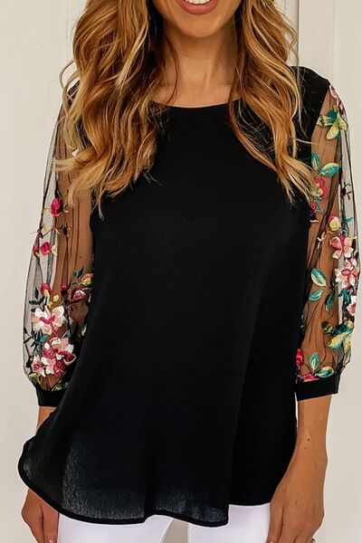 Floral Embroidered Sleeve Round Neck Blouse - Image 3