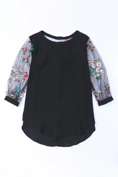 Floral Embroidered Sleeve Round Neck Blouse - Image 4