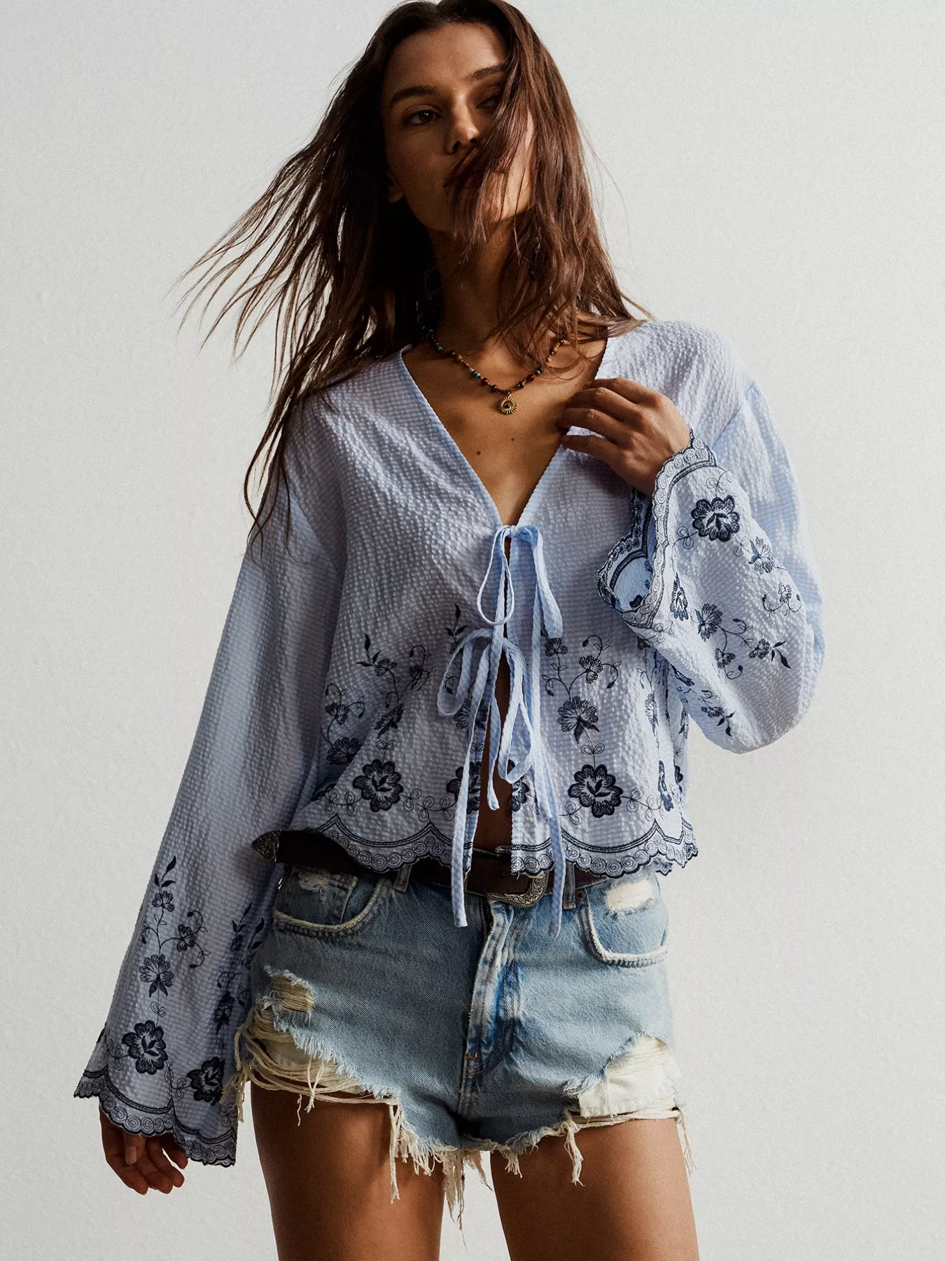 Floral Embroidered Tie-Front Blouse - Image 3