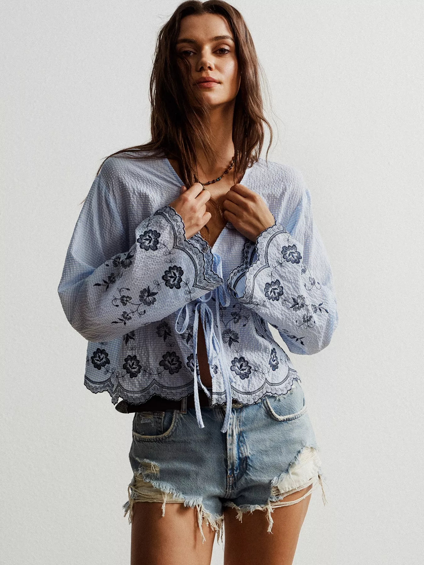 Floral Embroidered Tie-Front Blouse - Image 9