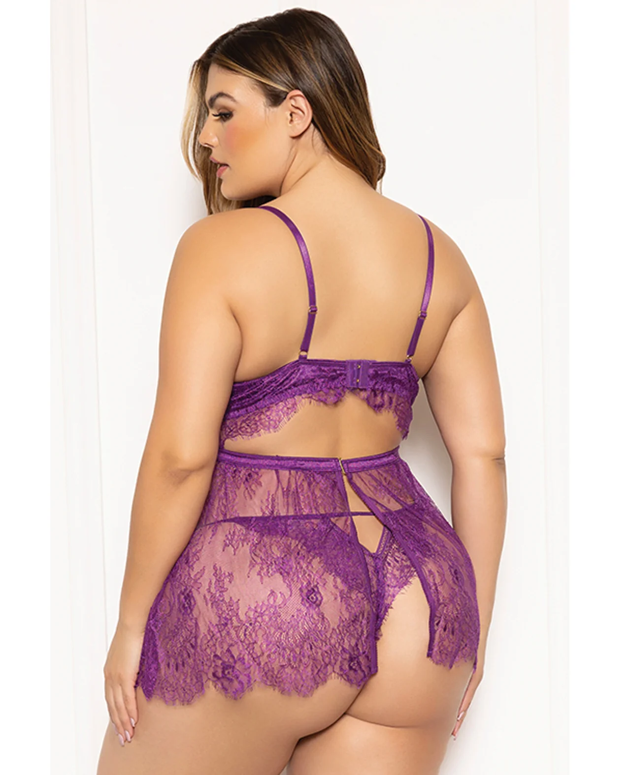Floral Eyelash Lace Underwire Babydoll w/Thong 2 pc Set - Purple 1X/2X - Image 2