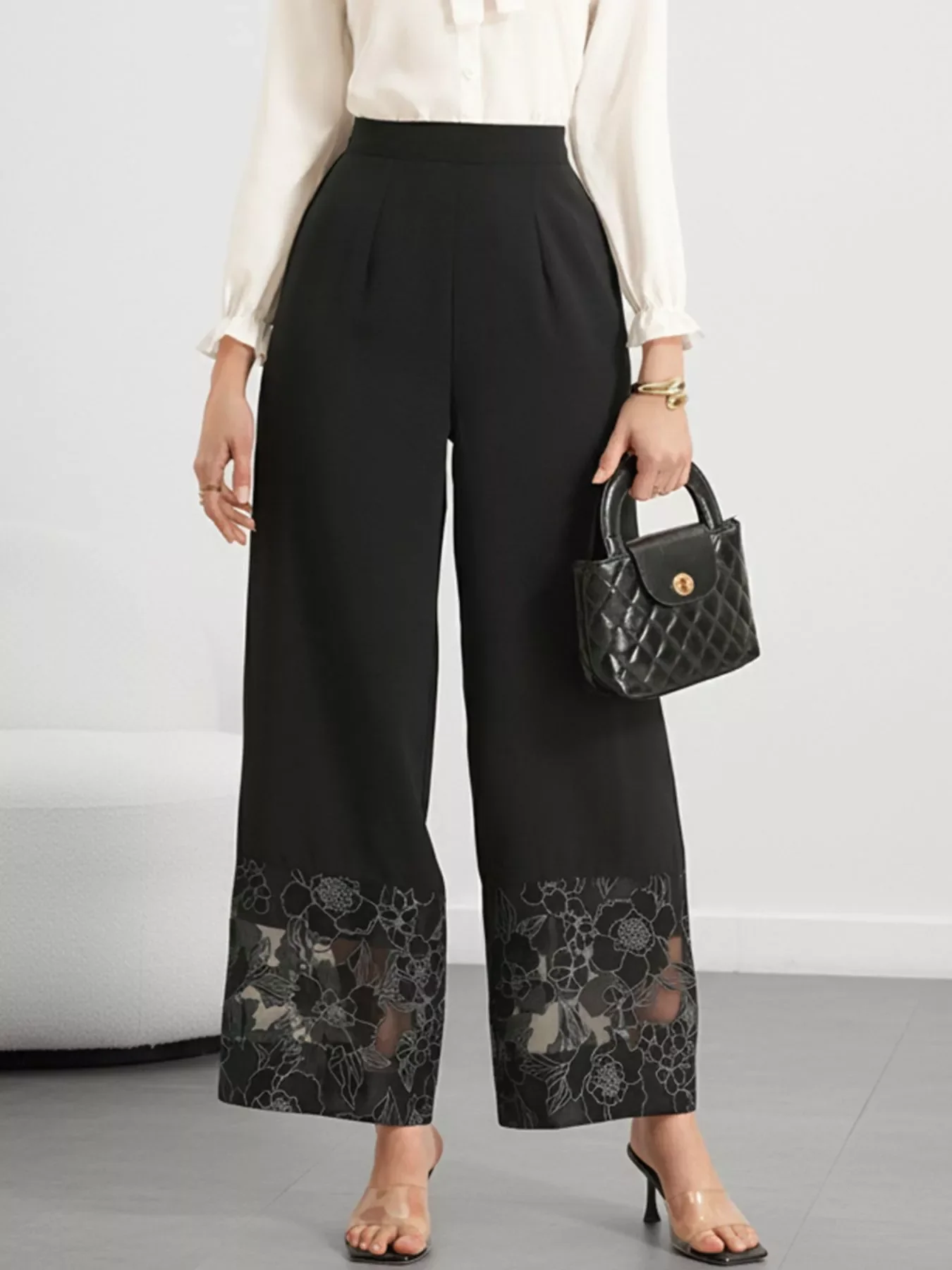 Floral Lace Hem Wide Leg Pants - Image 4