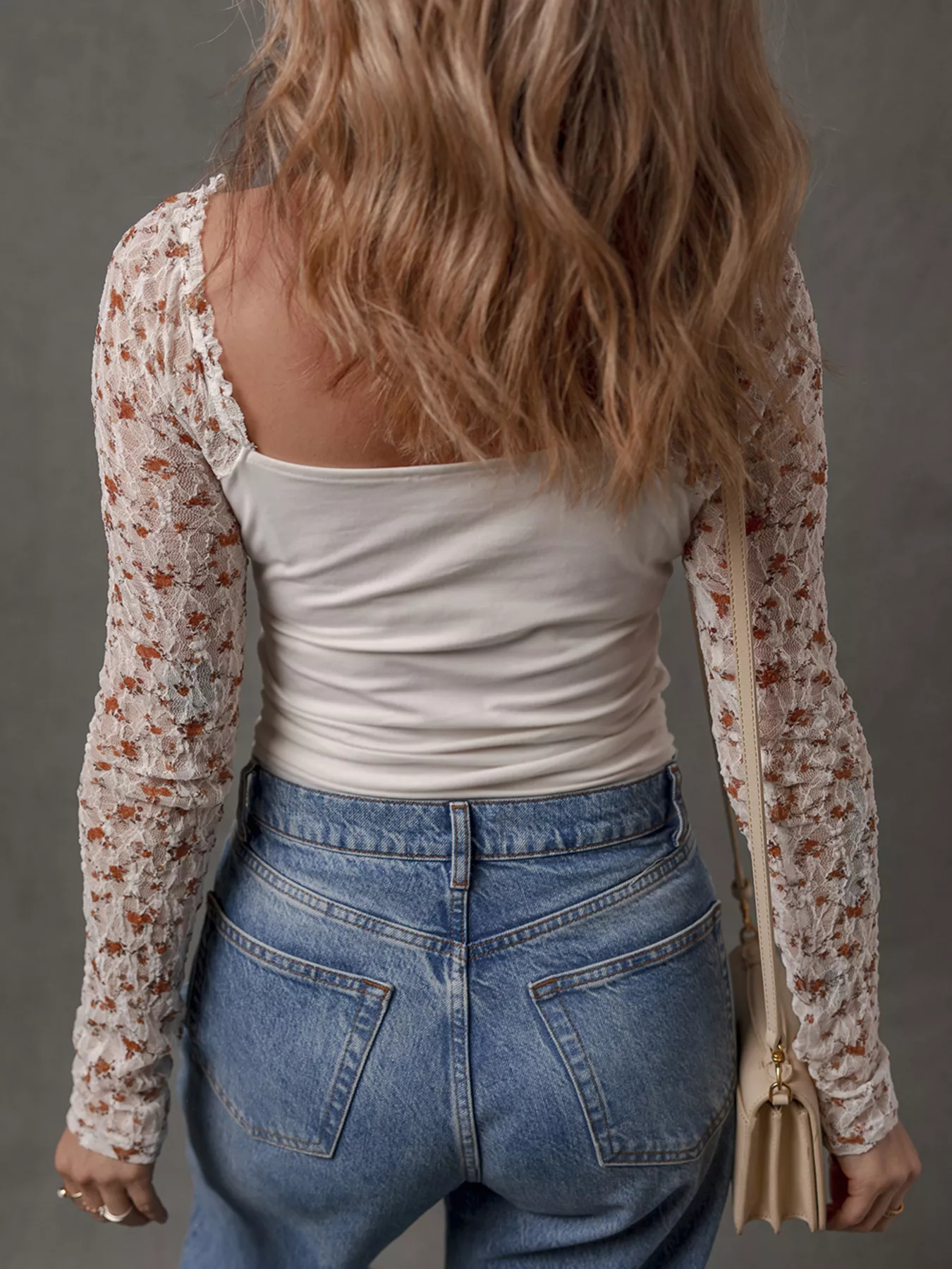 Floral Lace Patchwork Square Neck Long Sleeve Top - Image 3