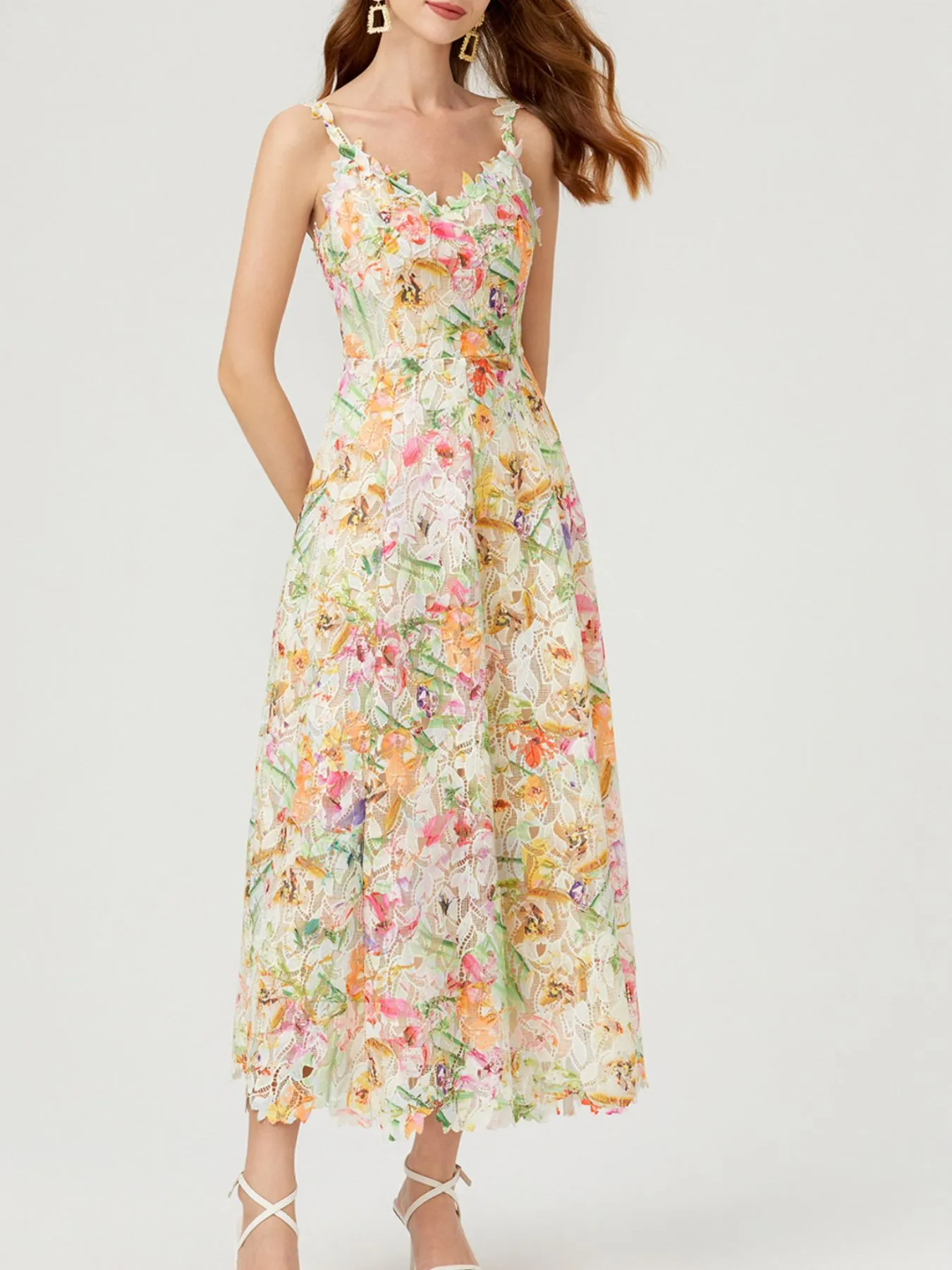 Floral Lace Sleeveless V-Neck Midi Dress - Image 2