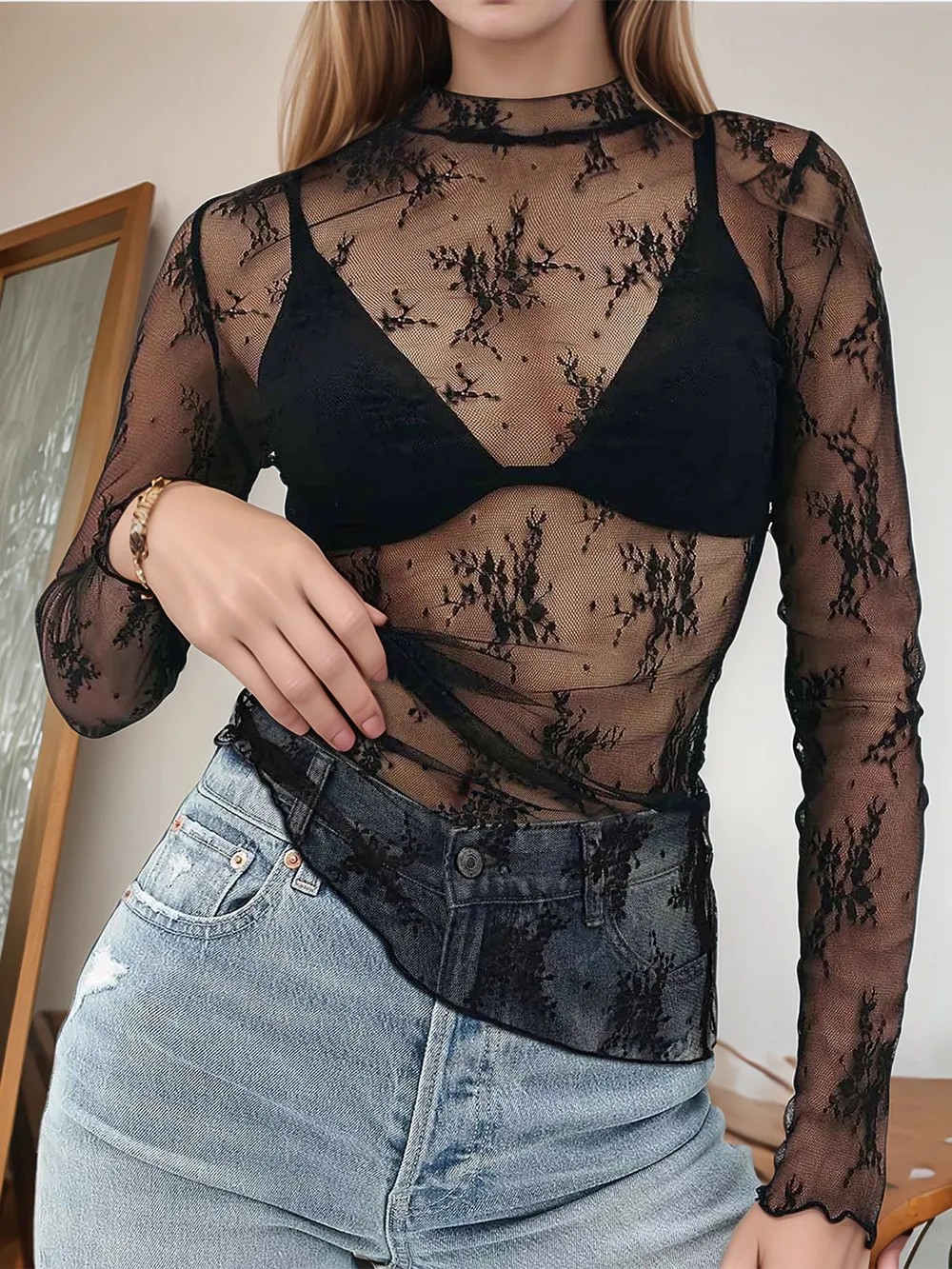 Floral Mock Neck Long Sleeve Mesh Top - Image 13