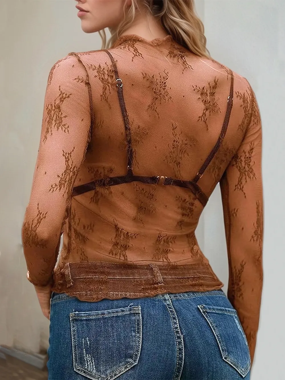 Floral Mock Neck Long Sleeve Mesh Top - Image 28
