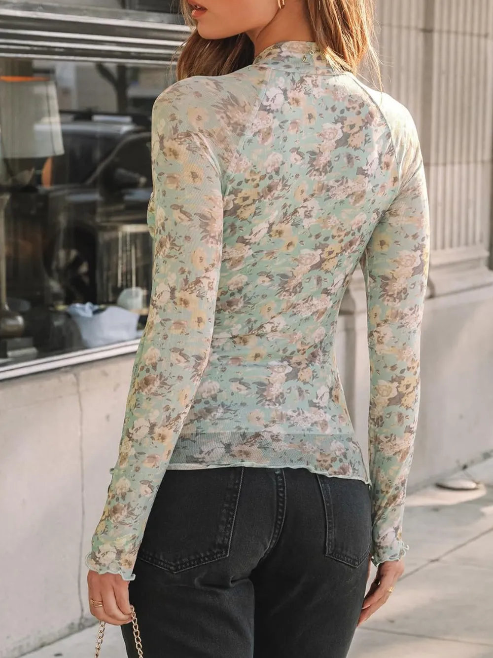 Floral Mock Neck Long Sleeve T-Shirt - Image 28